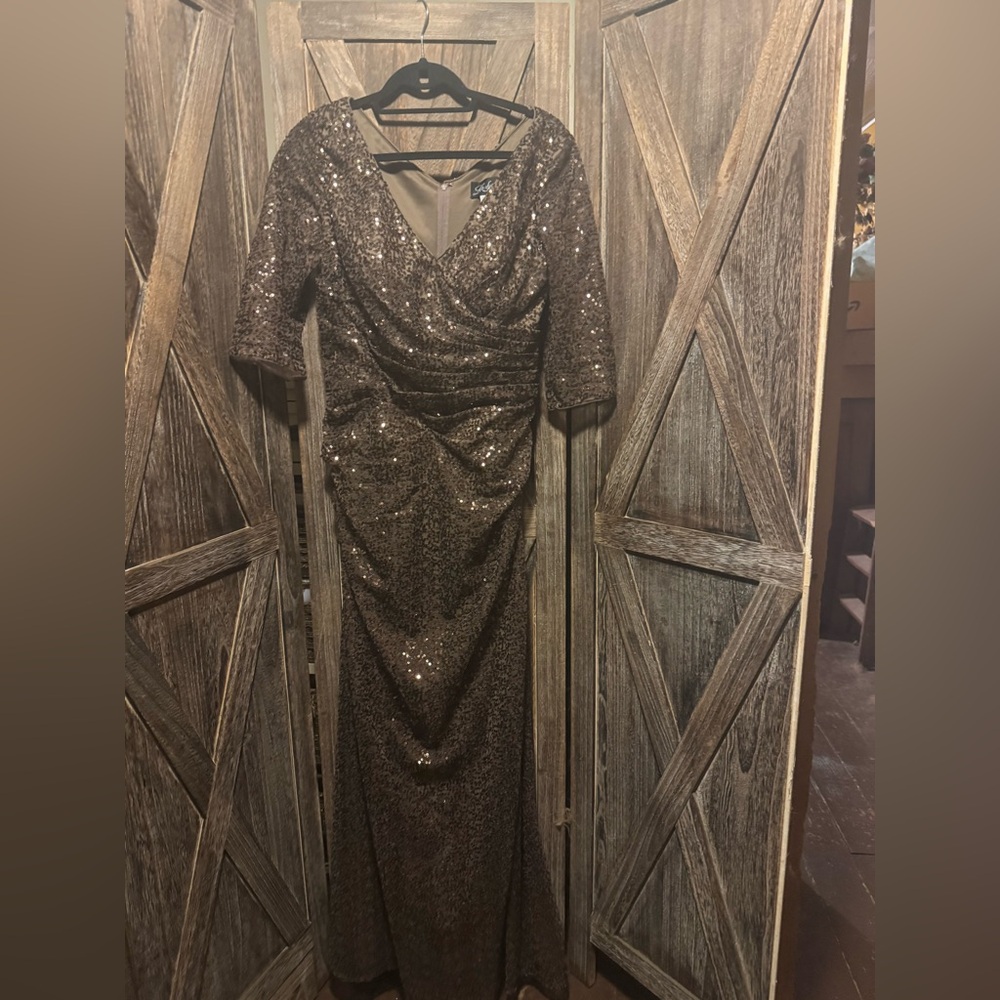 La Femme Bronze Sequin Long Sleeve Gown